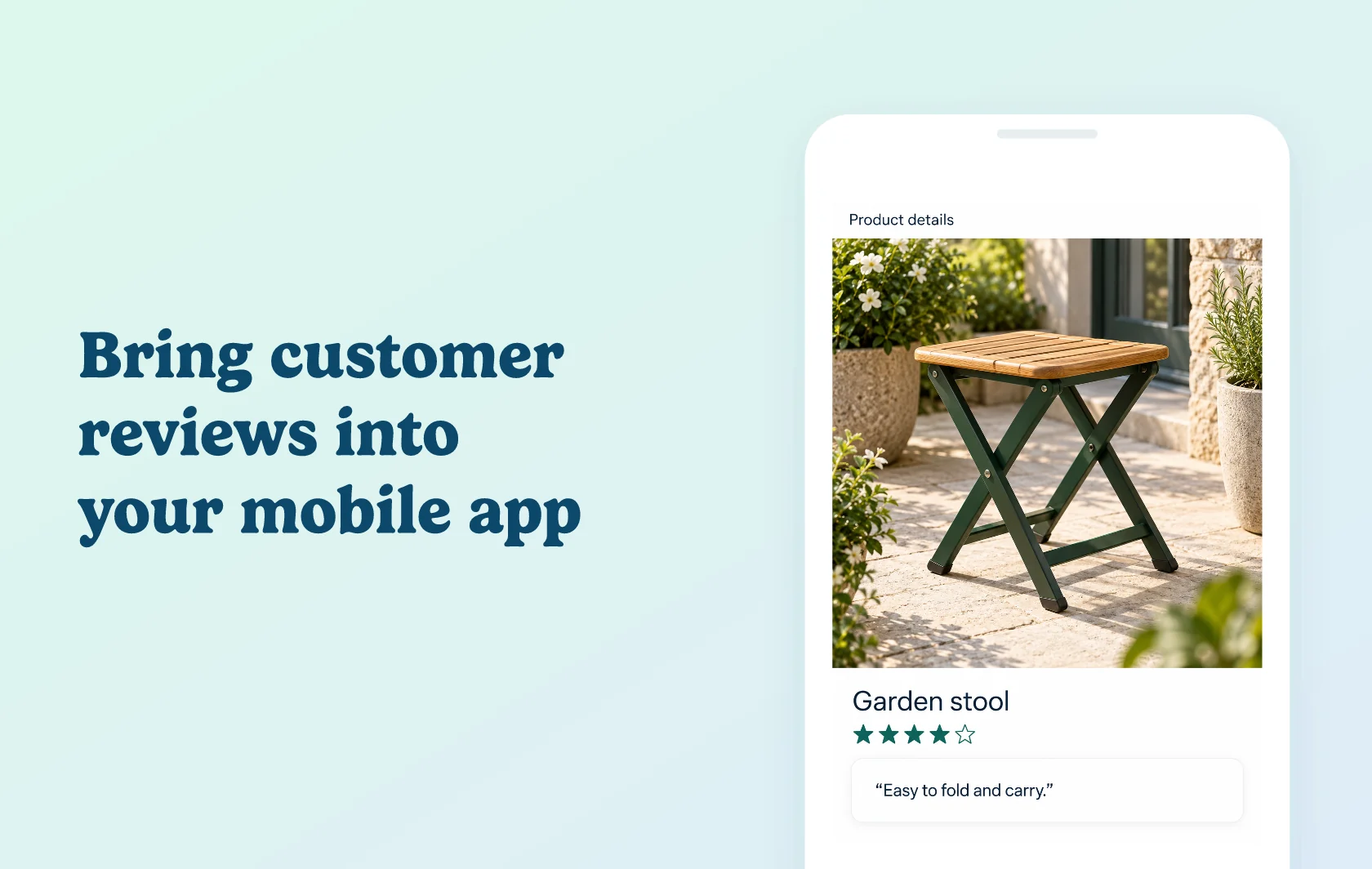 Judge.me and BeyondCart integration: illustration of a mobile-app product page showing a folding garden stool with a rating and written customer review.