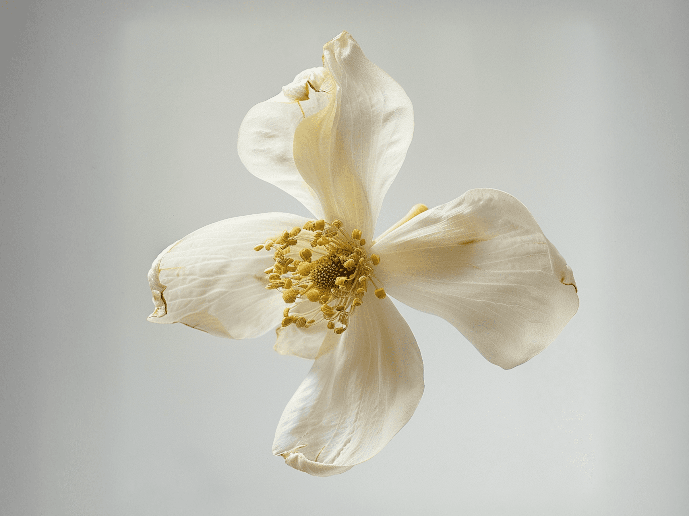 Close-up of a white flower with delicate petals and yellow stamens on a soft gray background.