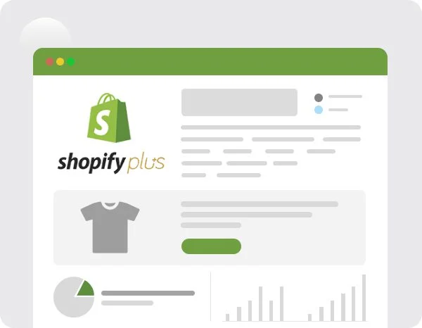 Illustriertes Browserfenster eines Shopify-Plus-Shops mit Produkt und Verkaufsdiagrammen