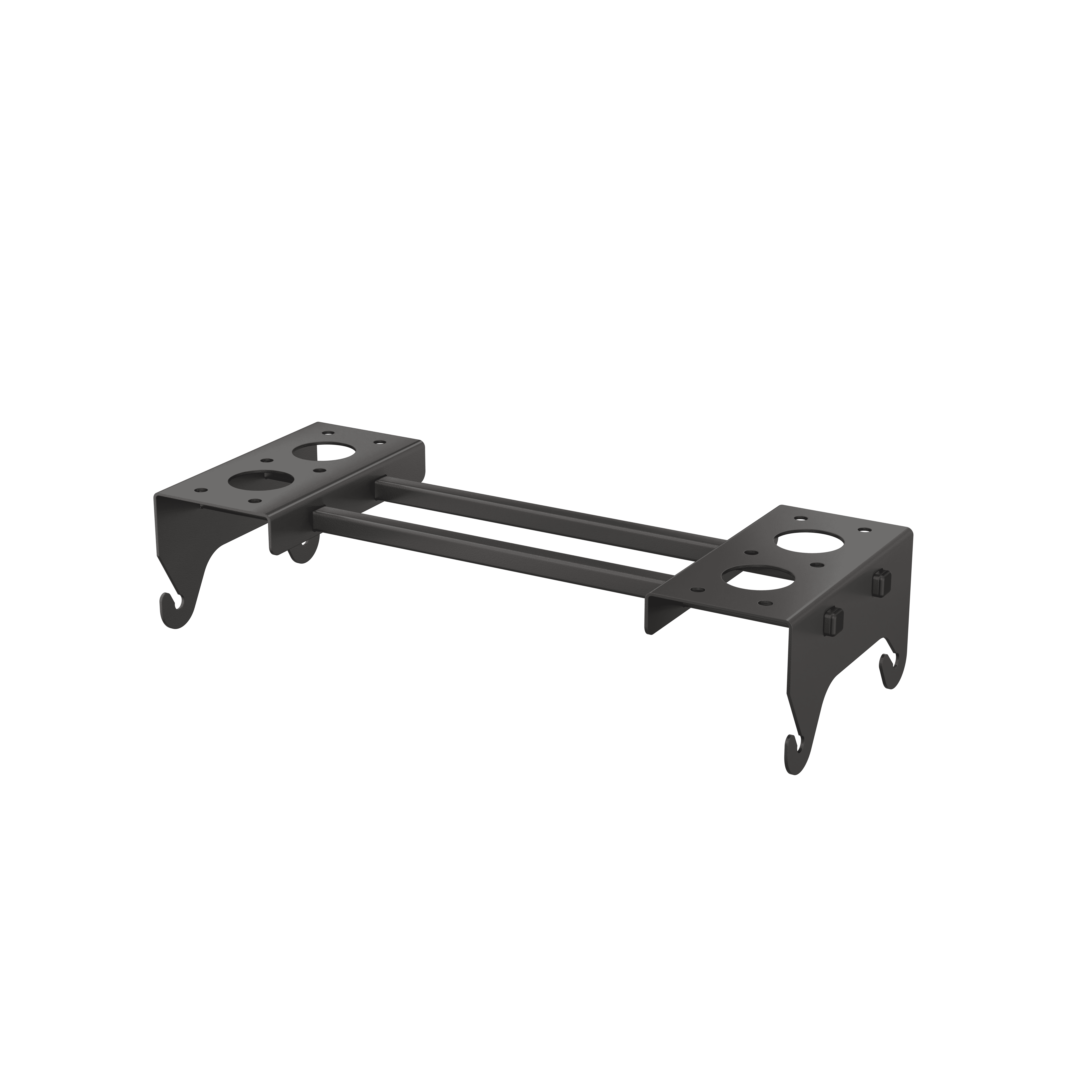 Black metal bracket with two circular cutouts and curved hooks.