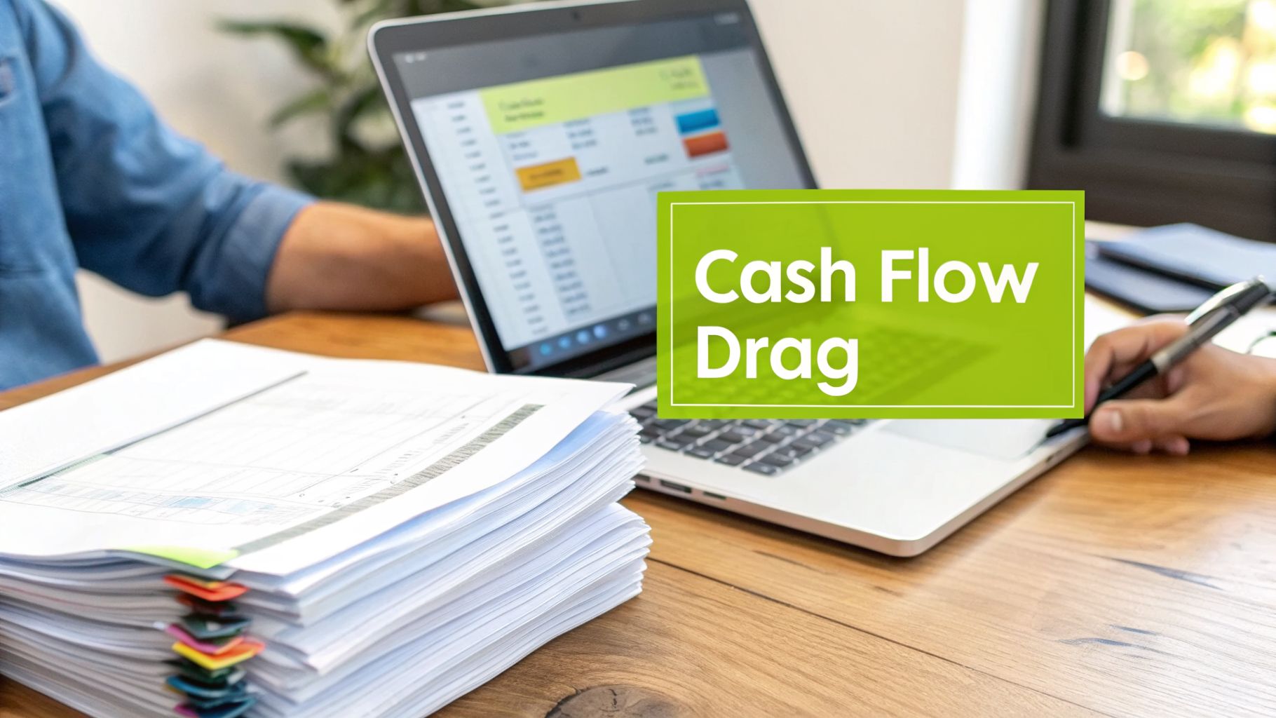 Two people working at a desk with a laptop, documents, and a 'Cash Flow Drag' overlay.