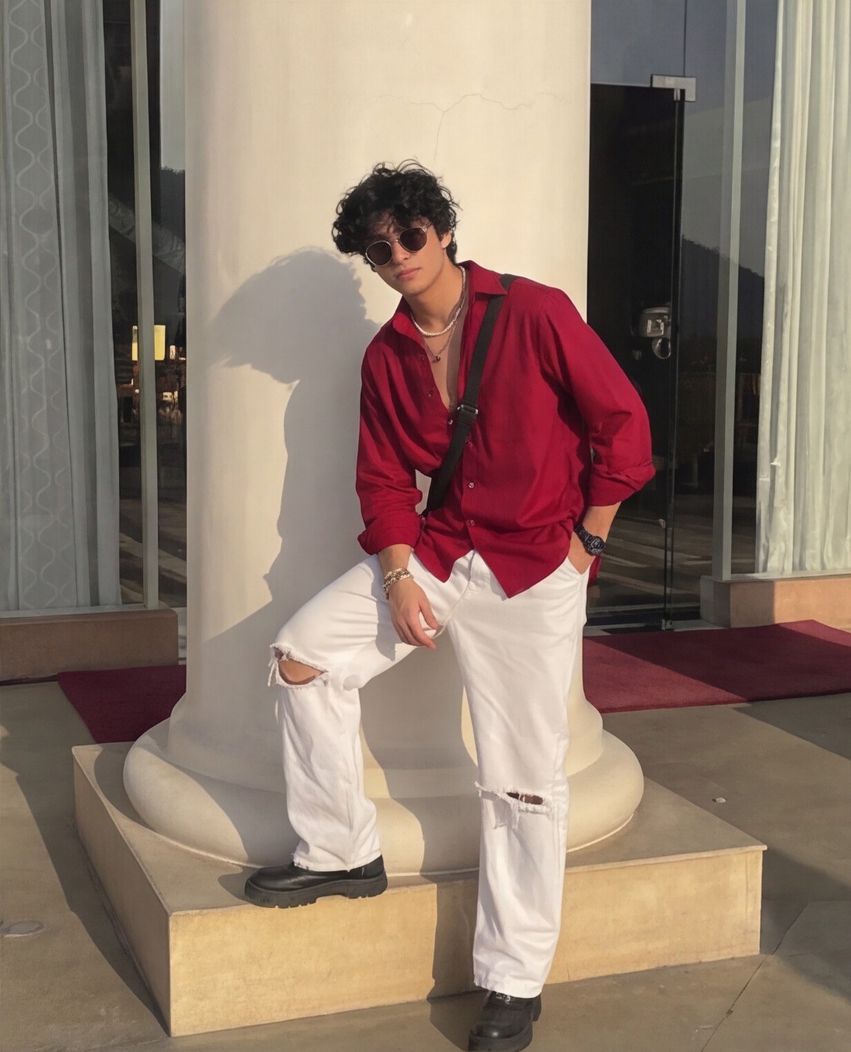 Deep Red Shirt with Off-White Denim