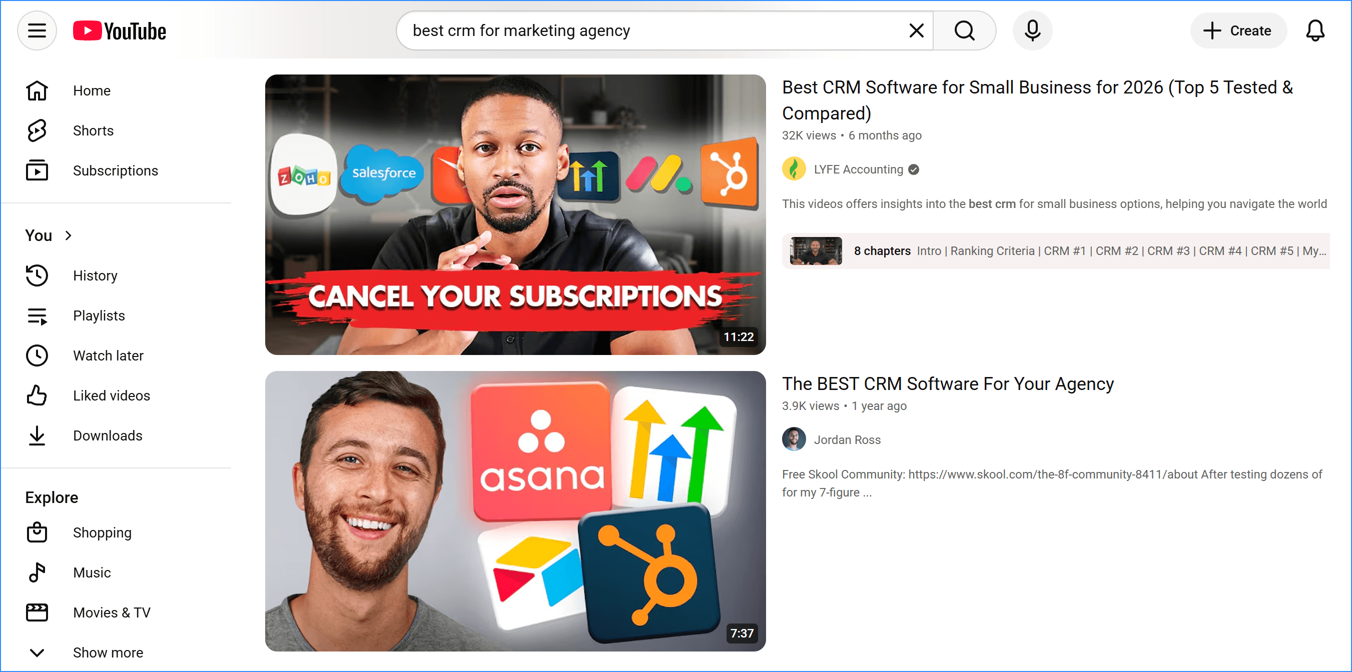 Best CRM for marketing agency - Youtube search