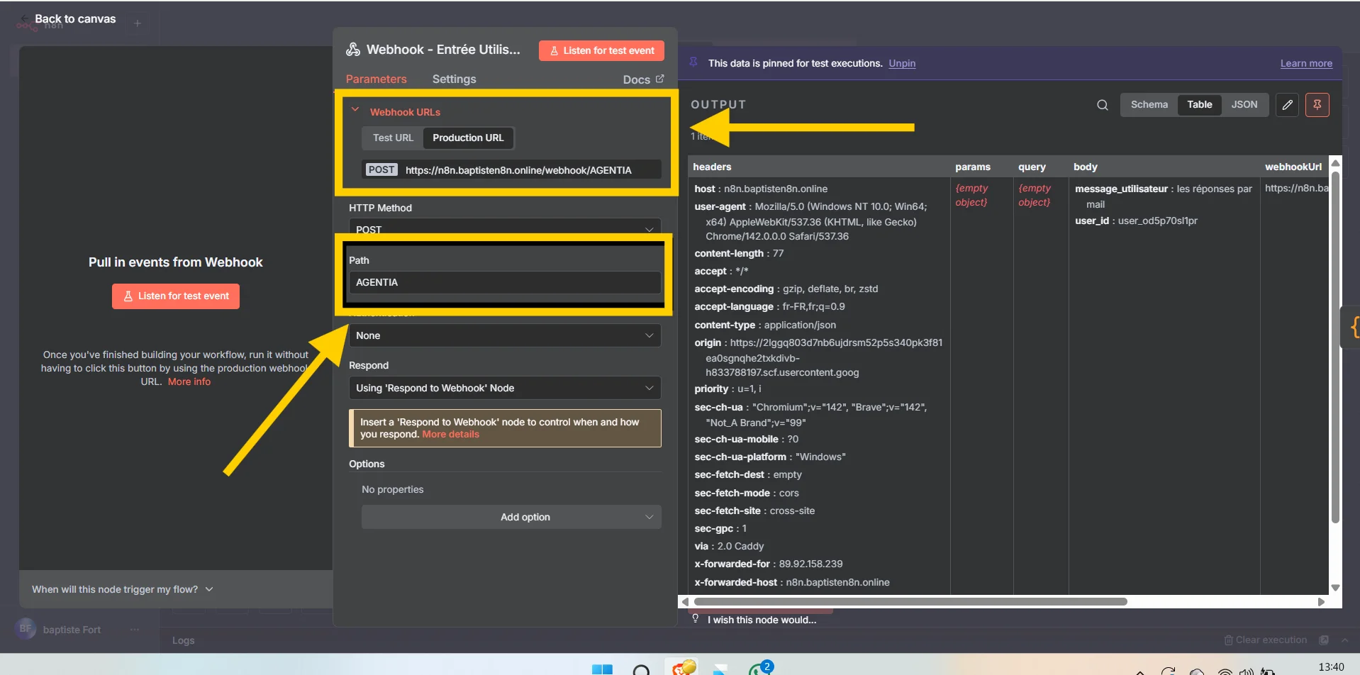 Illustration du node 1 Le Webhook — L’entrée de l'agent IA 