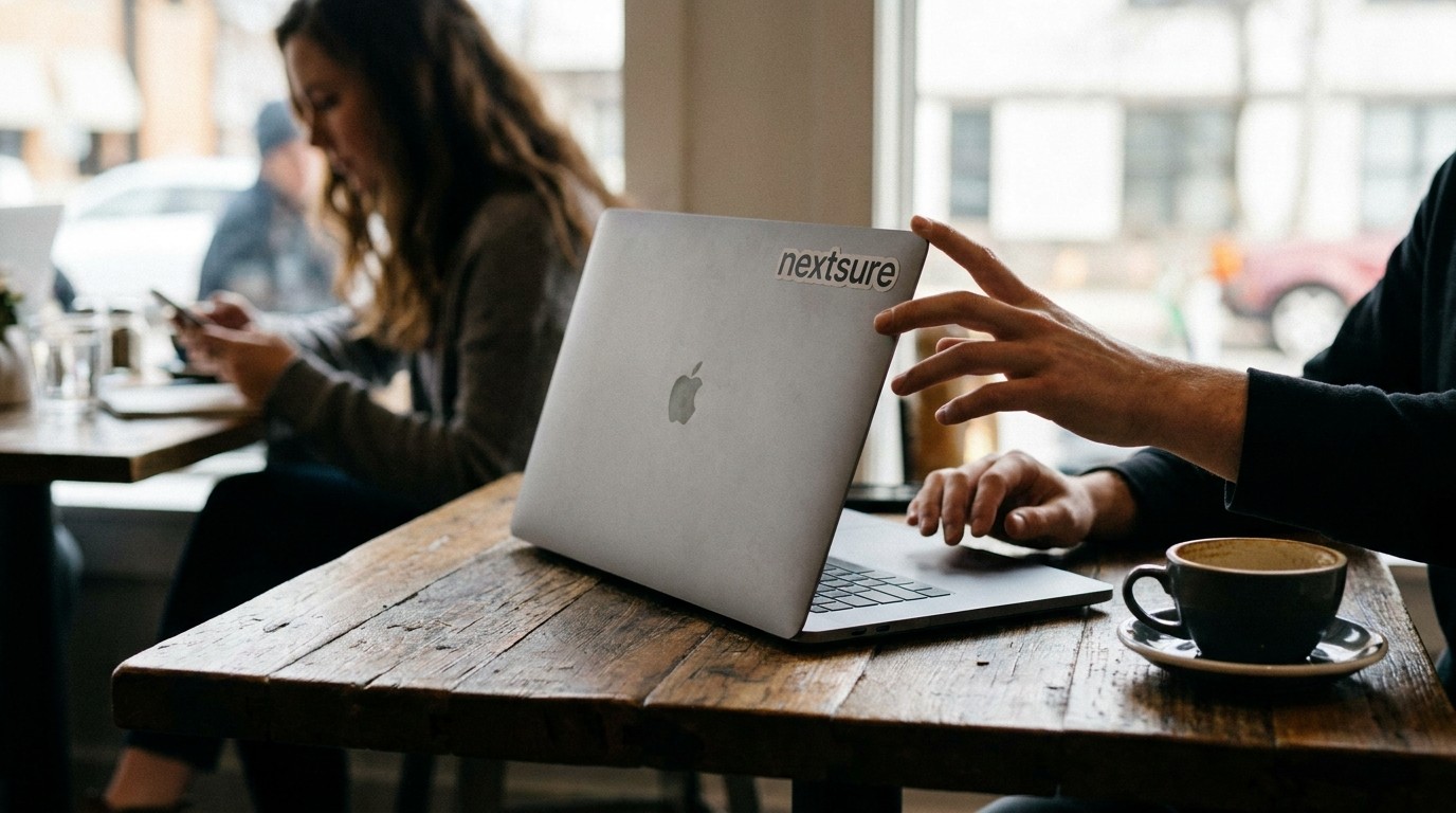 Laptop auf Café-Tisch mit Kaffeetasse – Diebstahlrisiko im öffentlichen Raum