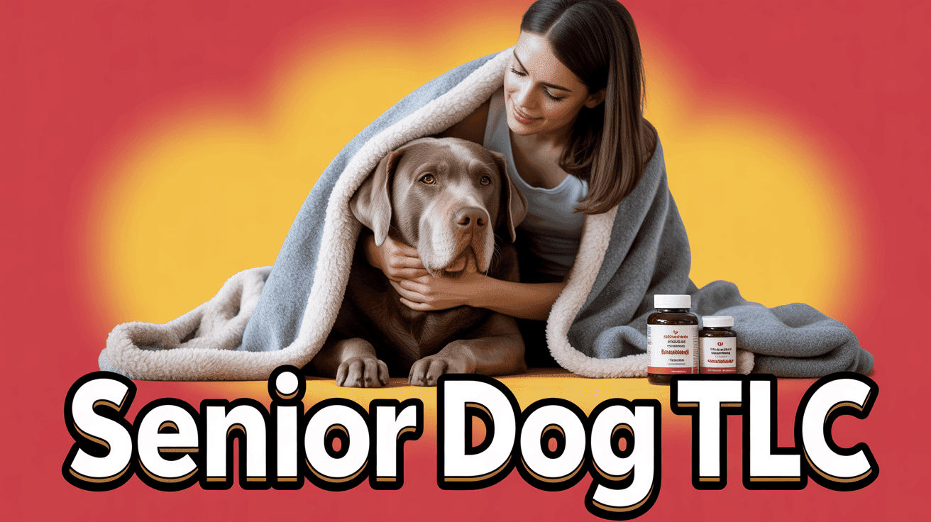 Caregiver wraps blanket around senior labrador beside wellness supplements