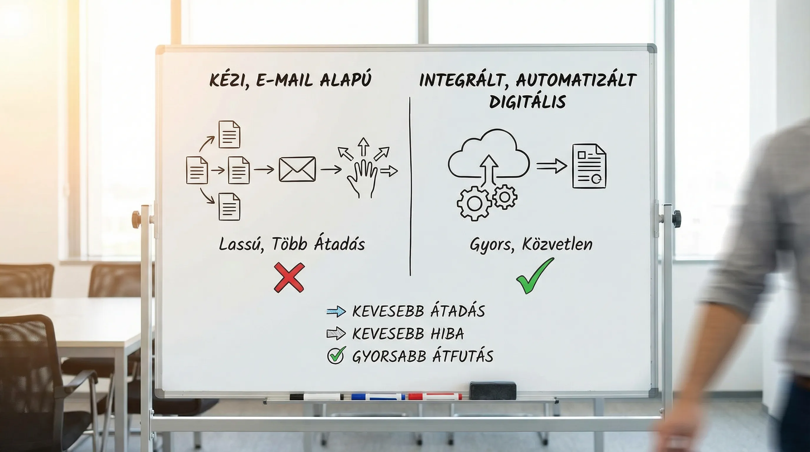 Egyszerű folyamatábra a „kézi, e-mail alapú” folyamattól az integrált, automatizált digitális folyamathoz: kevesebb átadás, kevesebb hiba, gyorsabb átfutás.