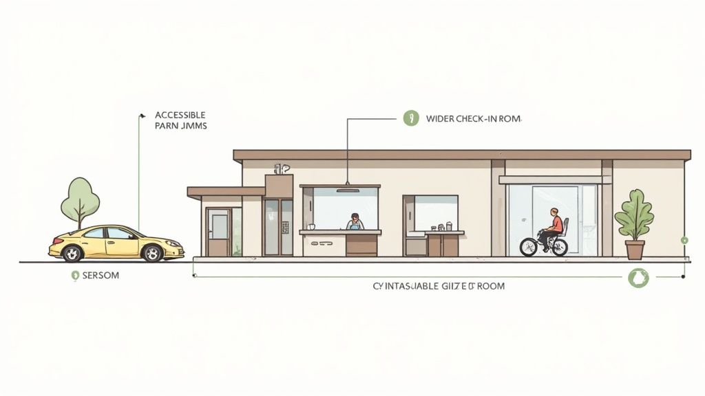 A modern hotel lobby with an accessible front desk and clear pathways.