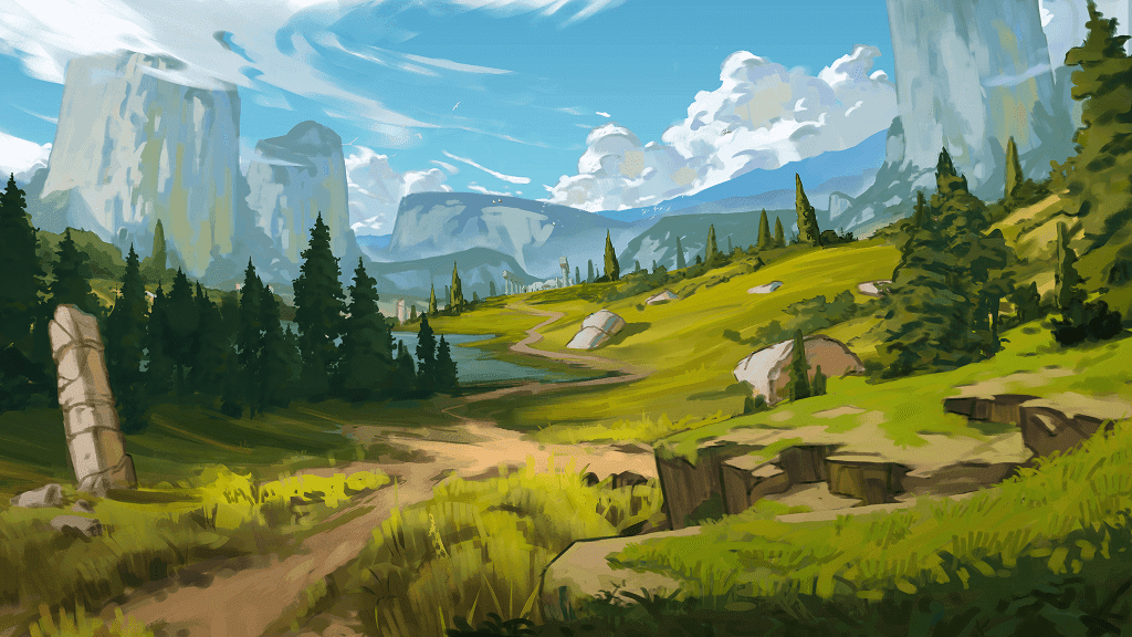 Fantasy landscape backdrop with cliffs and pines — worldbuilding vibe by CzePeku