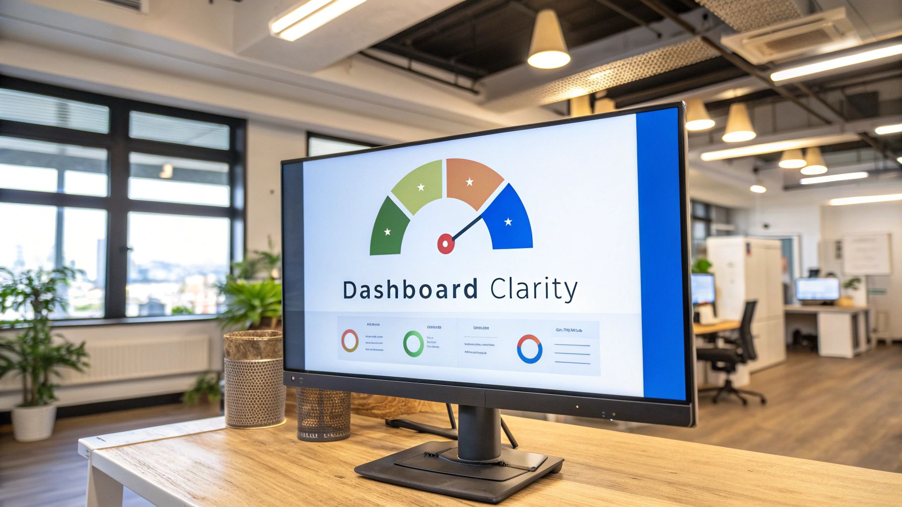 A computer monitor displays a 'Dashboard Clarity' interface with data visualizations in a modern office.