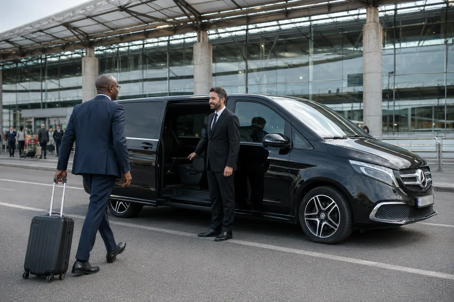 Chauffeur I.B Line accueillant un voyageur d’affaires auprès d’un Mercedes-Benz Classe V noir à l’aéroport Paris-Charles-de-Gaulle.