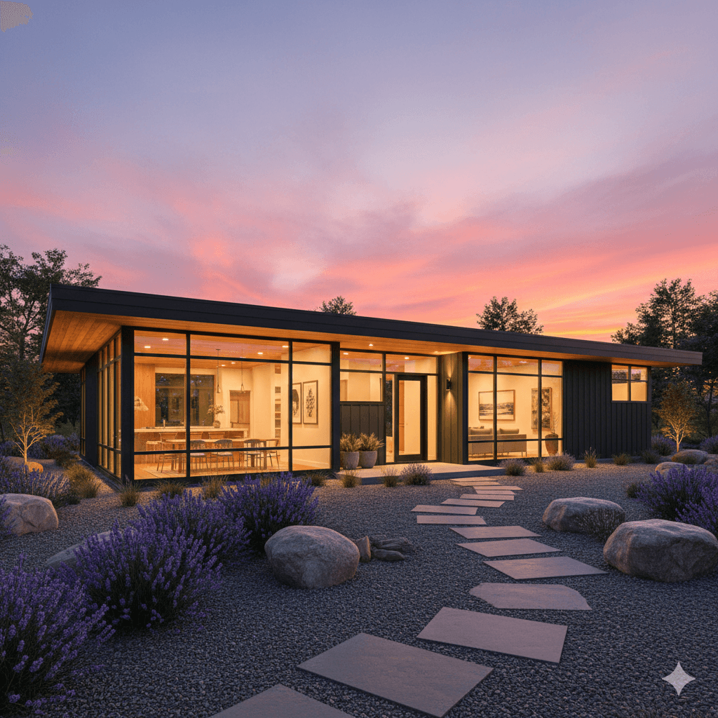 Modern house on a misty lake, partially obscured by trees. Its reflection shimmers in the calm water, creating a serene and tranquil atmosphere.