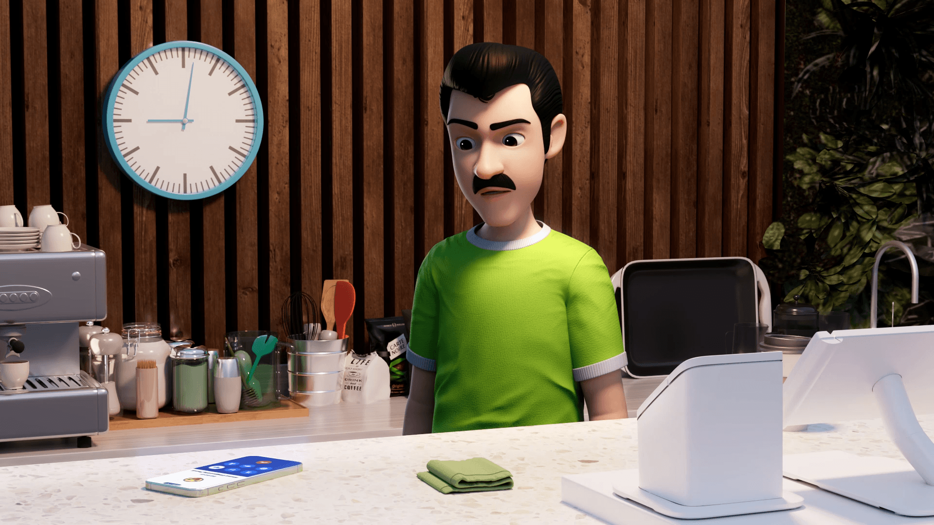 3D barista in a green shirt looks worried at a ringing phone on the café counter.