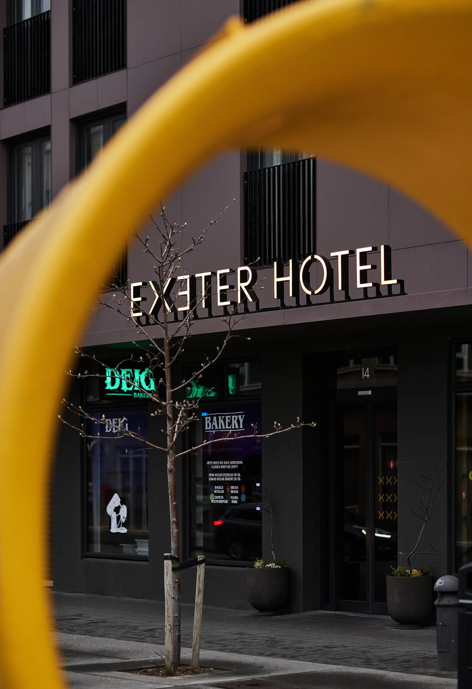 Close view of the Exeter Hotel facade with its illuminated sign, dark windows, a young tree, and a large blurred golden foreground shape.