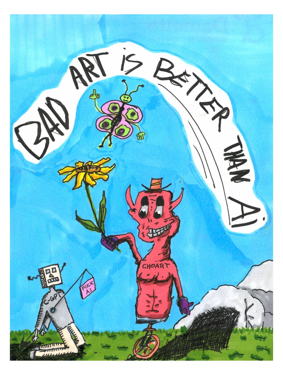A drawing of a creature killing a ai robot