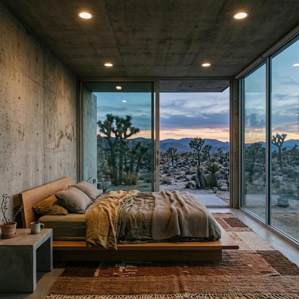 A raw concrete bedroom overlooking a Joshua Tree landscape, low-profile bed, circular recessed lighting, floor-to-ceiling glass, earth-toned textiles.