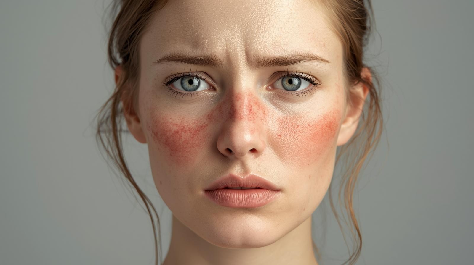 Conerned woman who has acne rosacea