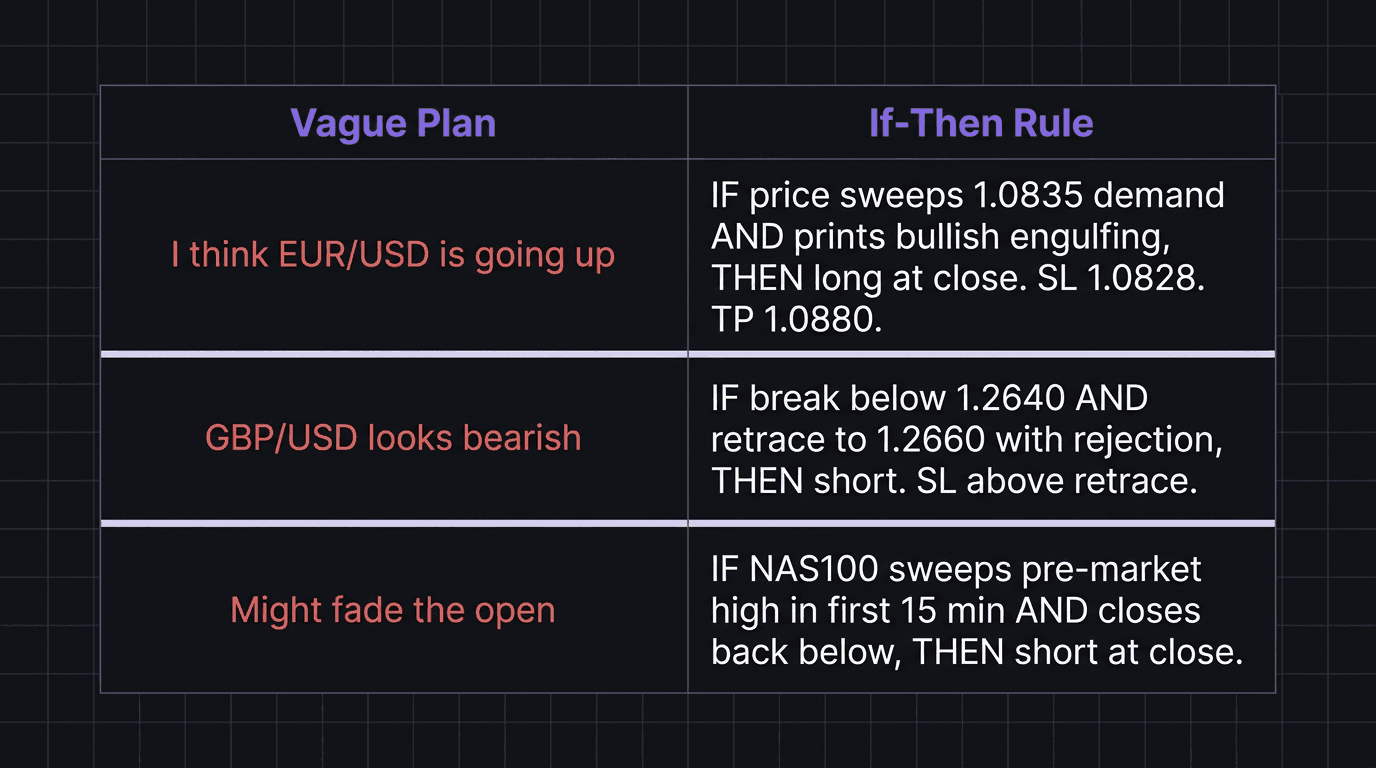 Comparison table showing vague trade ideas versus specific if-then rules