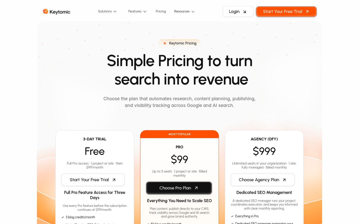 Keytomic public pricing page showing plan structure