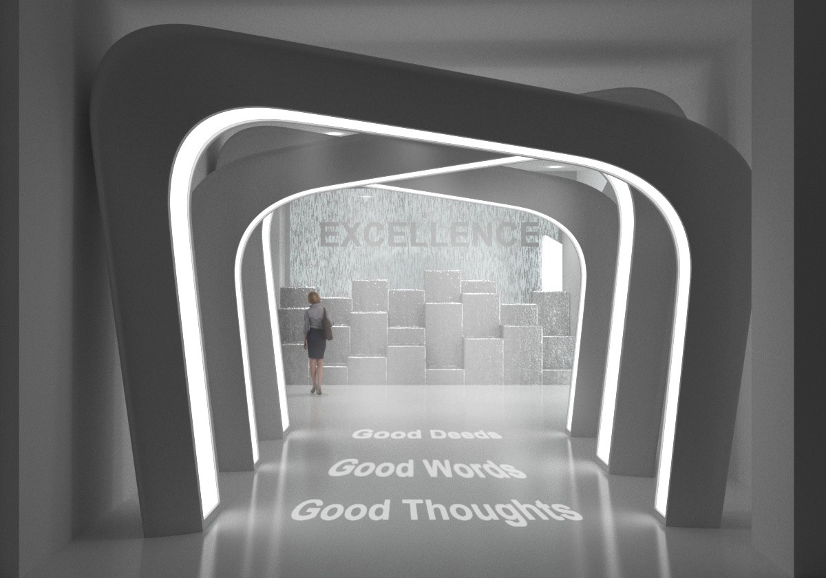 A modern, futuristic hallway featuring sleek, curved white arches illuminated by LED lighting, with motivational words like "Good Deeds," "Good Words," and "Good Thoughts" projected on the glossy floor, creating a serene and inspirational atmosphere.