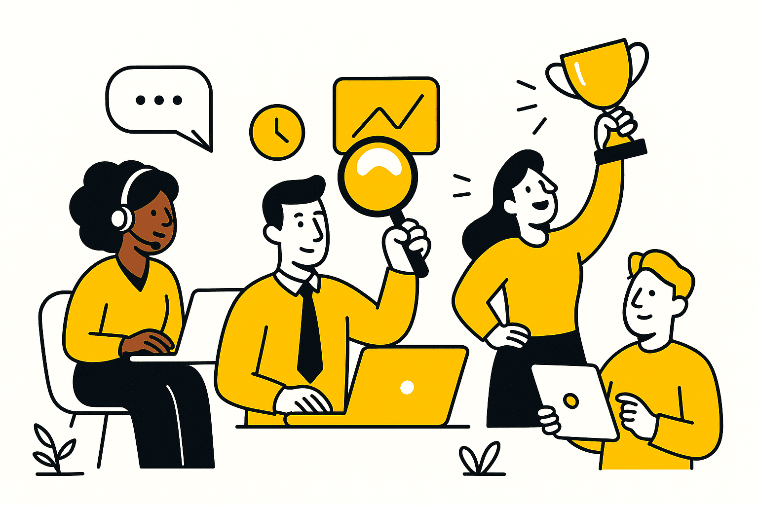 Smart Role illustration of call center agents using AI training tools, with one agent holding a headset and laptop for chat simulations, another examining a query with a magnifying glass, and a third celebrating performance with a trophy.