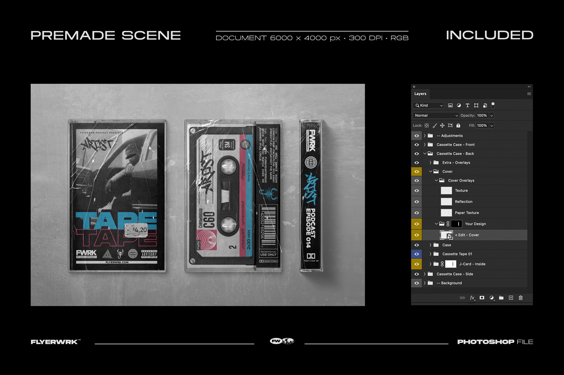 Vintage audio cassette premade scene highlighting the cracked case and worn J-card textures.