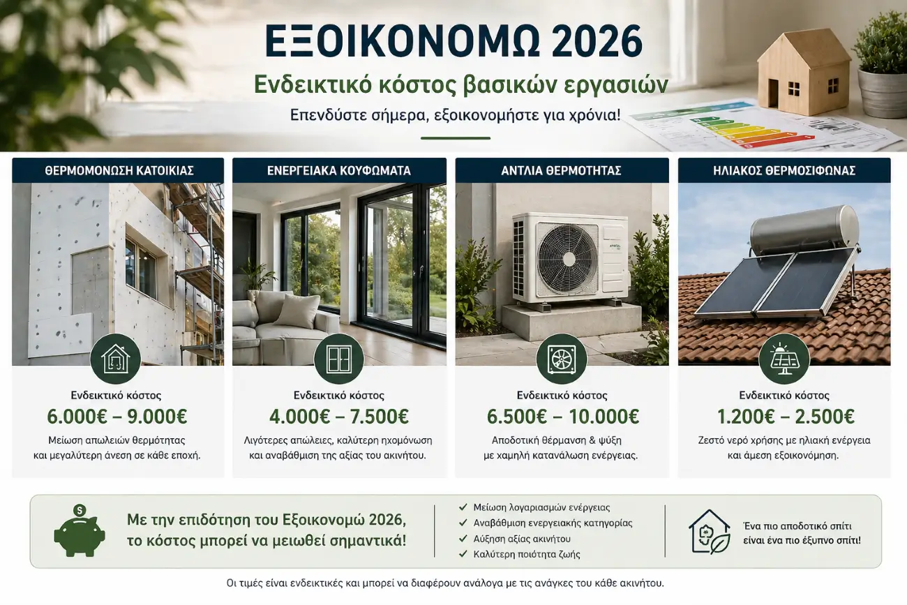 Εξοικονομώ 2026 με ενδεικτικό κόστος για θερμομόνωση, ενεργειακά κουφώματα, αντλία θερμότητας και ηλιακό θερμοσίφωνα στα Μεσόγεια