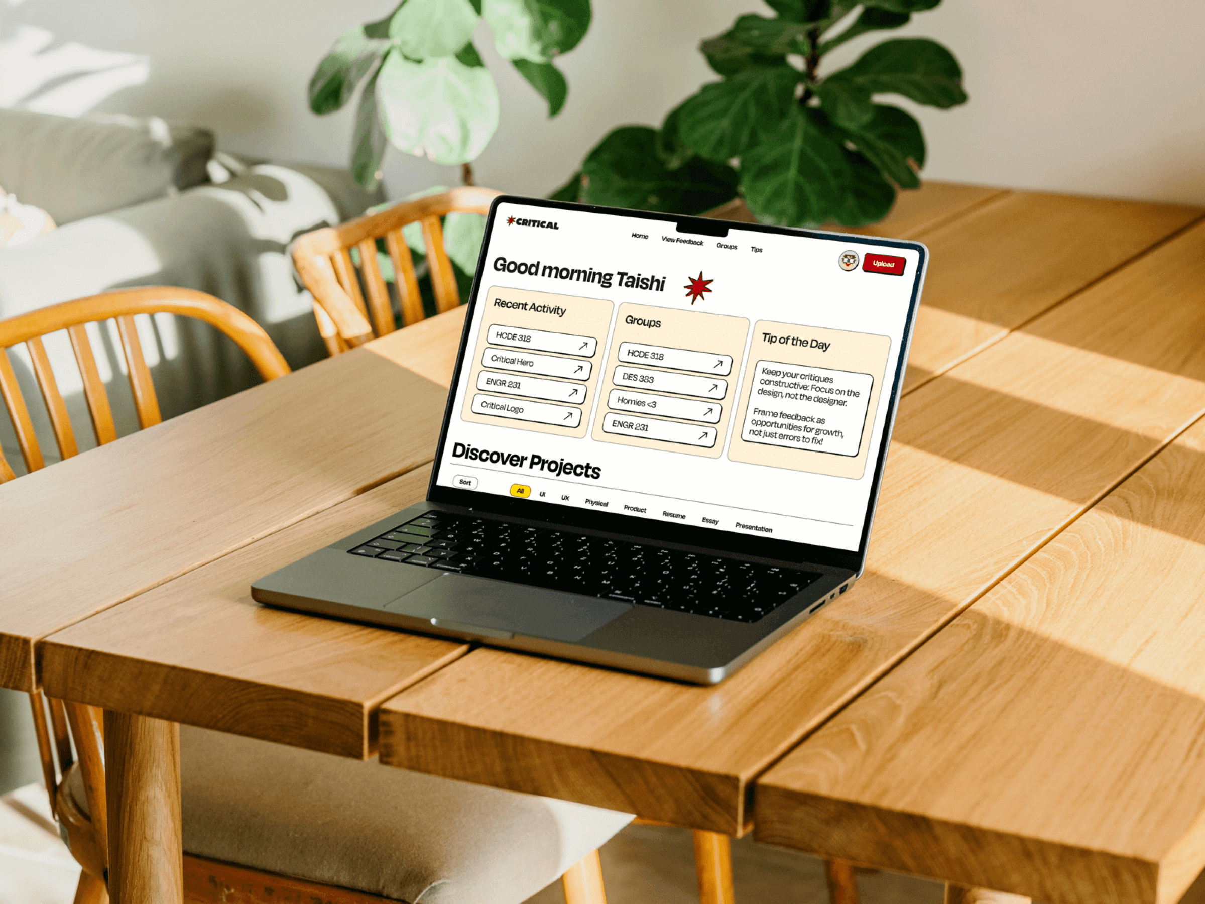 The Critical home page on a wooden desk with a plant in the background