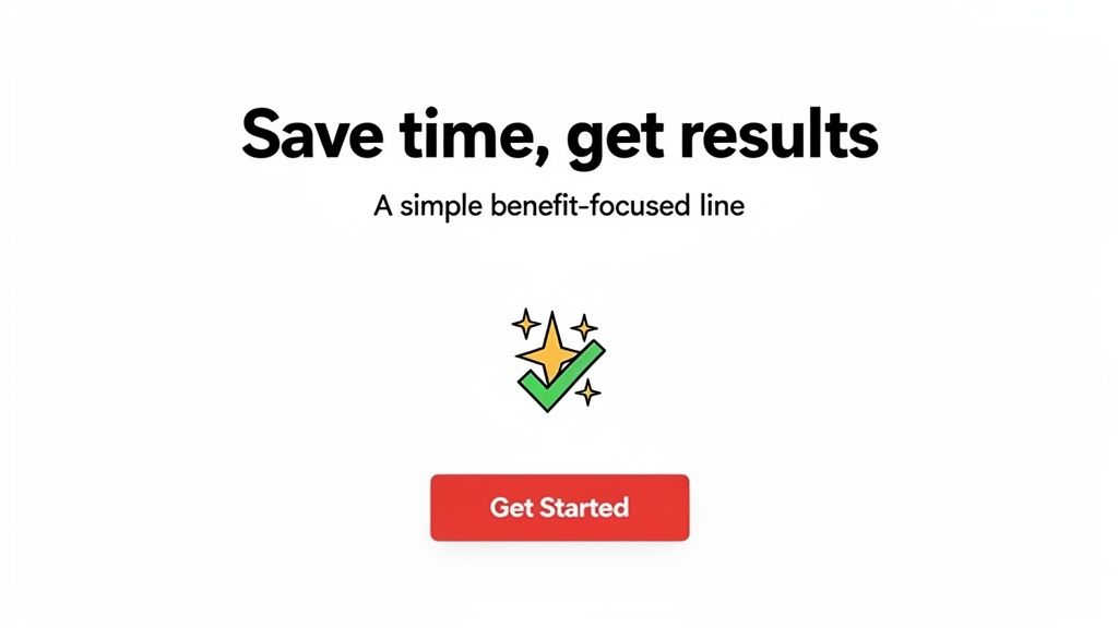 A landing page design with the headline 'Save time, get results' and a 'Get Started' button below a sparkly checkmark illustration.