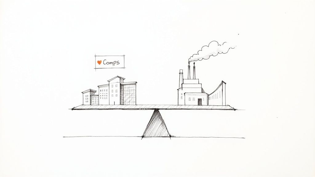 Hand-drawn sketch of a balanced seesaw with 'Comps' buildings on one side and a factory on the other.