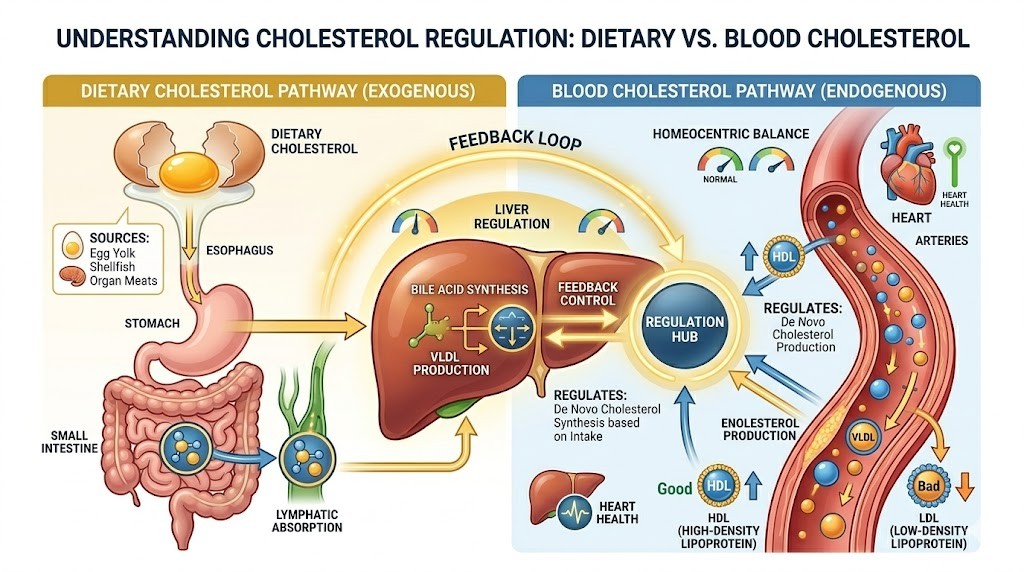 A medical infographic illustrating cholesterol regulation. The left side, titled "Dietary Cholesterol Pathway (Exogenous)," shows egg yolk and shellish moving through the digestive system (stomach and intestines) for lymphatic absorption. The right side, titled "Blood Cholesterol Pathway (Endogenous)," displays a blood vessel with HDL (good) and LDL (bad) lipoproteins, connected to heart health. A central healthy liver features a "FEEDBACK LOOP" and gauges labeled "Feedback Control" and "Homeocentric Balance," showing regulatory pathways for bile acid synthesis and VLDL production. Text indicates the liver regulates de novo cholesterol synthesis.