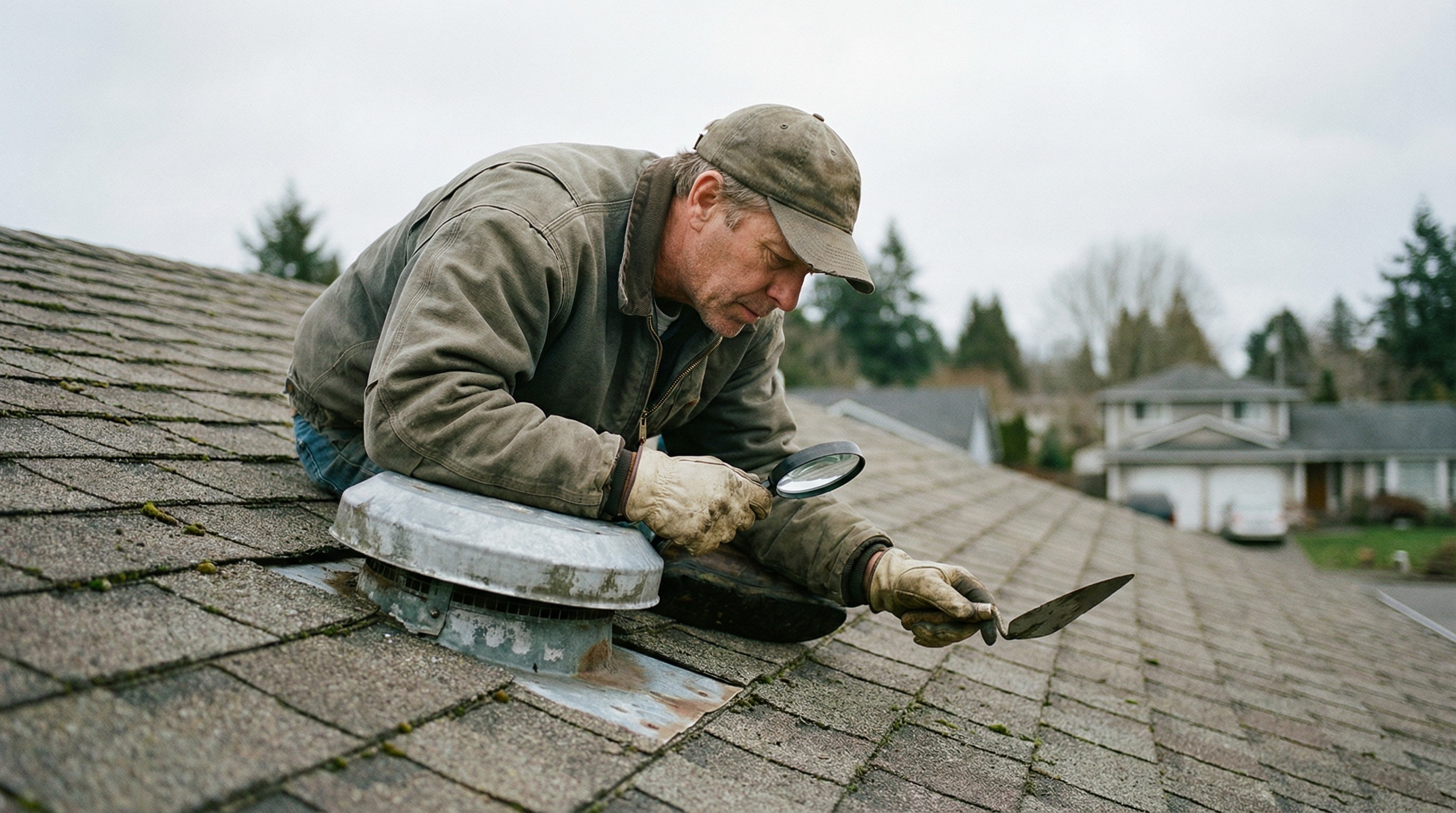 Roofer examining shingles on a roof using a magnifying glass. Inspection of roof, maintenance and repair.