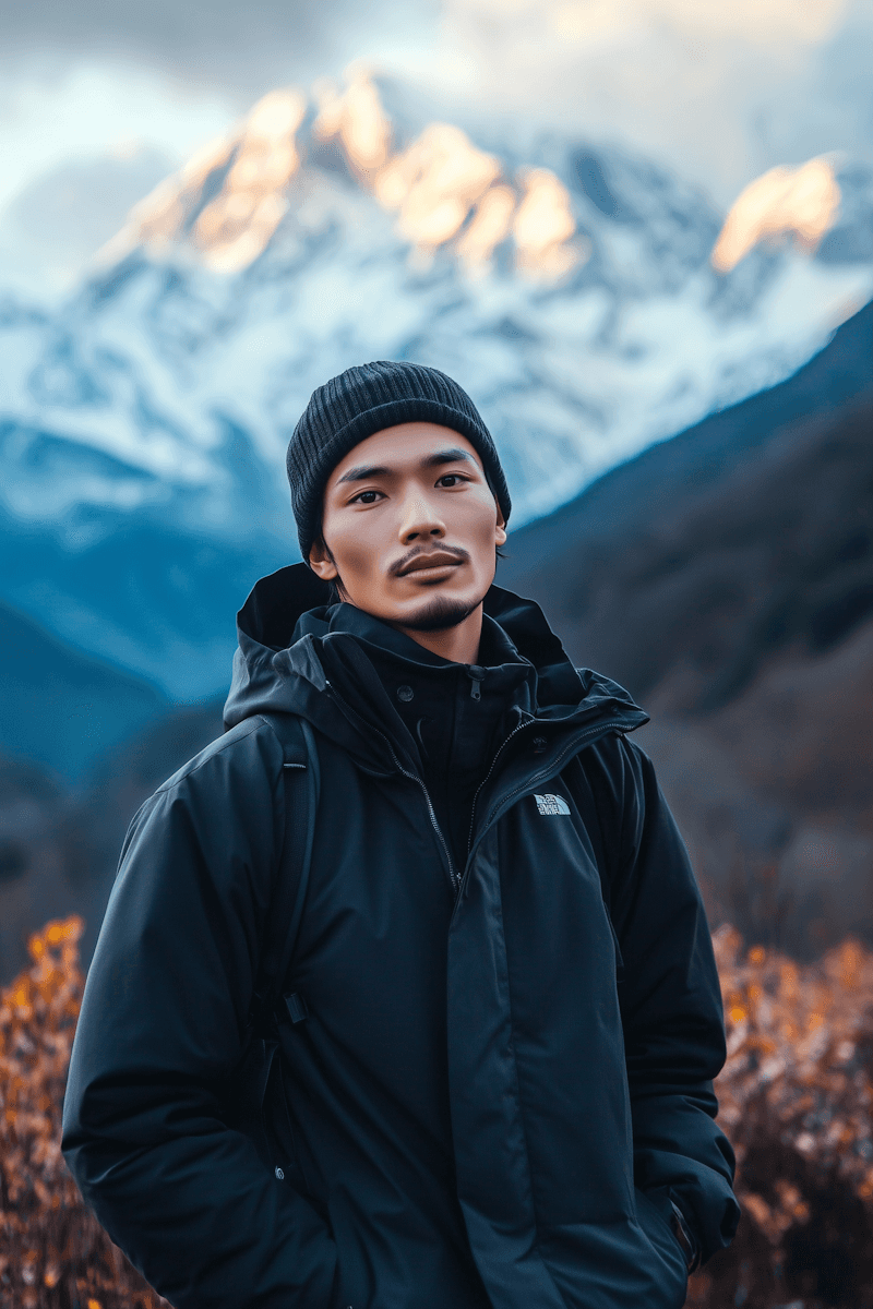 Man in a black winter jacket and beanie with a snow-capped mountain peak in the background.