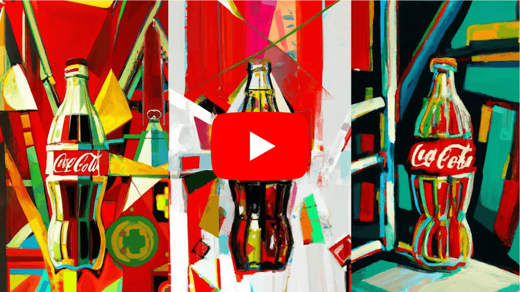 YouTube-Video-Thumbnail mit KI-generierten Kunstwerken von Coca-Cola-Flaschen, Beispiel für generative KI
