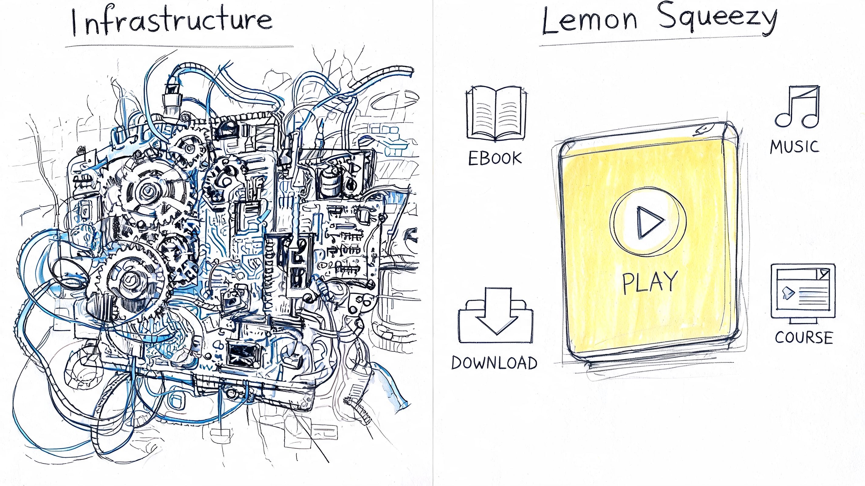 A hand-drawn comparison showing complex infrastructure versus the simple user-friendly interface of Lemon Squeezy.