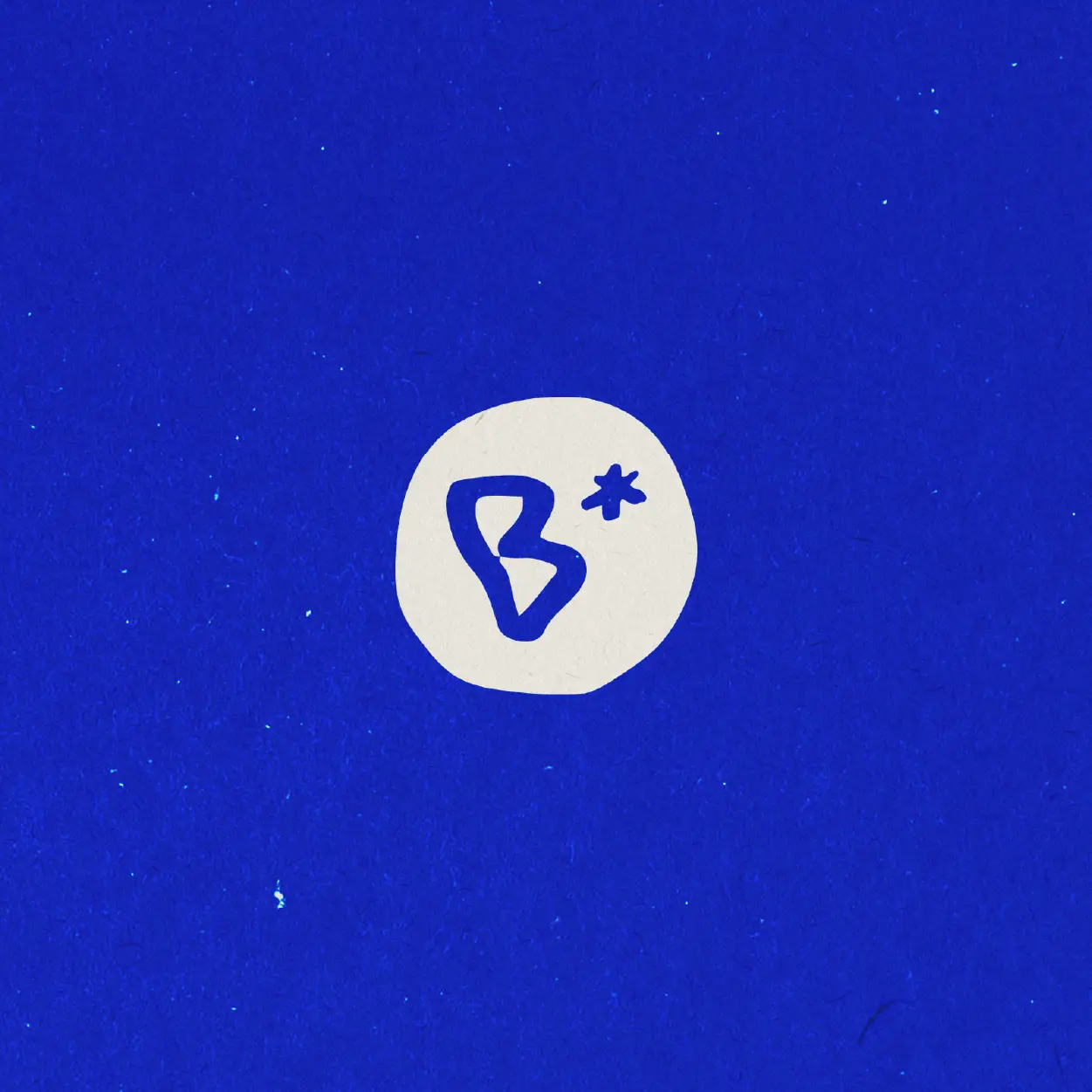 B logo icon in a white circle on blue paper.