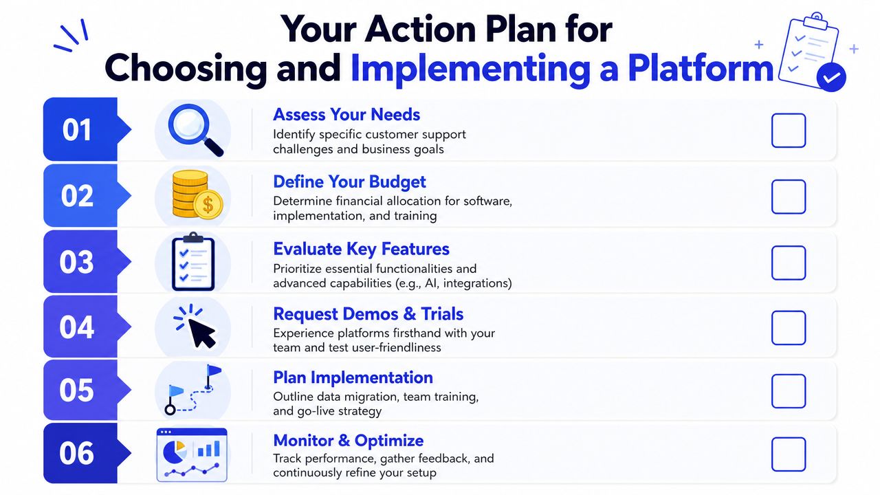 A six-step action plan checklist for businesses choosing and implementing a new customer support platform effectively.