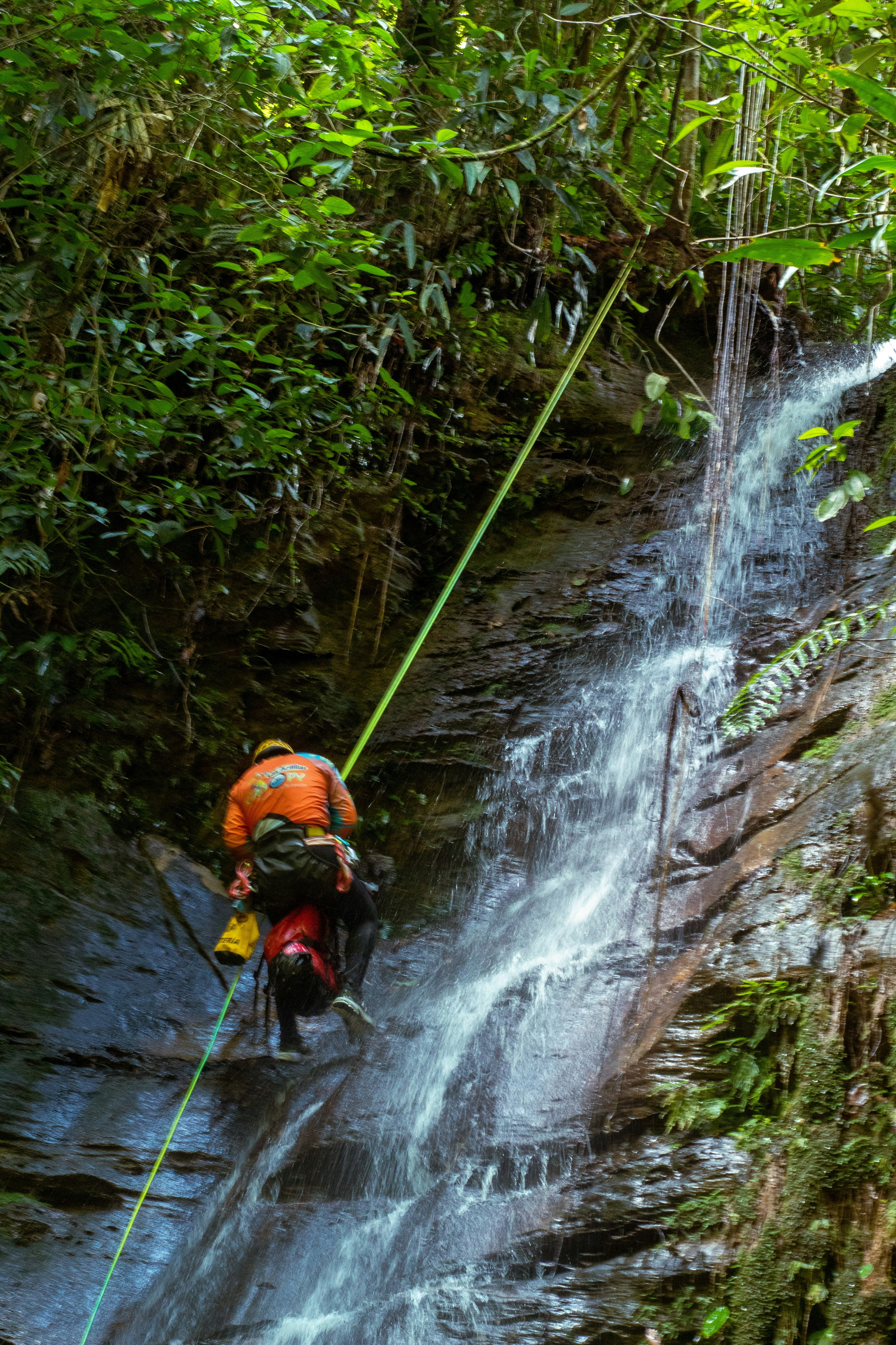Rescuer rappels down a waterfall in a lush forest.