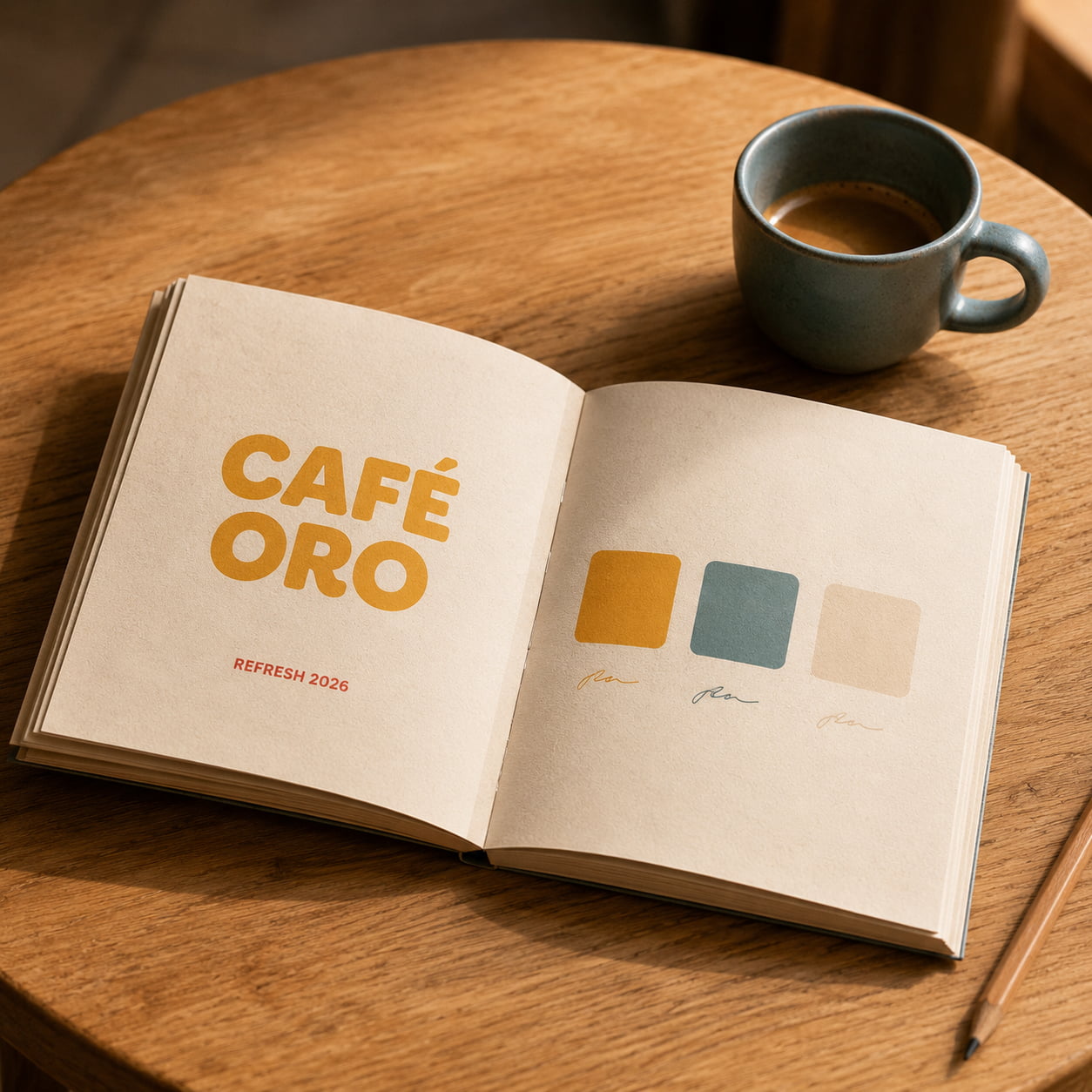Open notebook on a wooden table showing "CAFÉ ORO" with "REFRESH 2026" text and three color swatches. A cup of coffee sits beside the notebook.