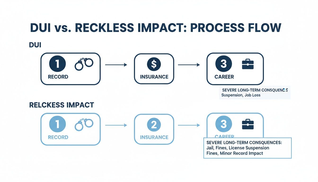 Flowchart comparing the process and severe long-term consequences of DUI versus Reckless Impact on record, insurance, and career.