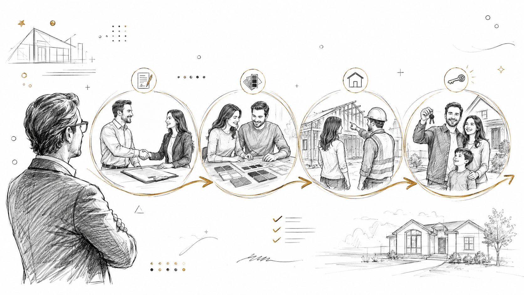 A pencil sketch illustration showing a customer journey process from contract to home ownership and delivery.