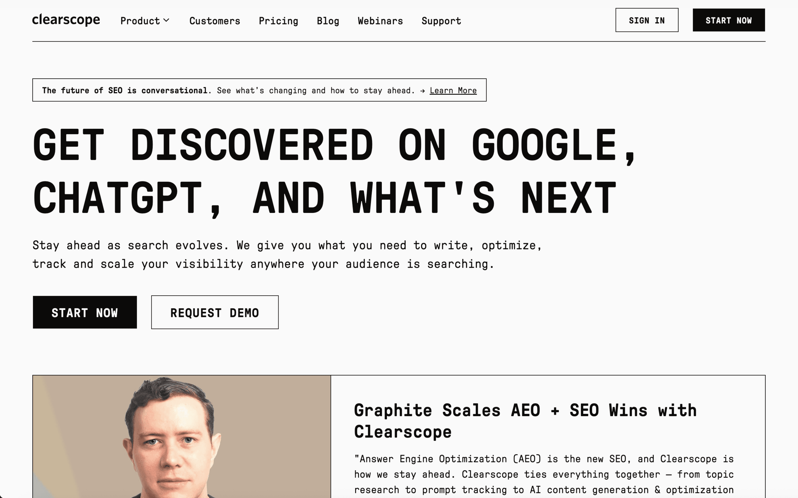 Screenshot of clearscope dashboard showing LLM visibility tracking and AI search analytics.