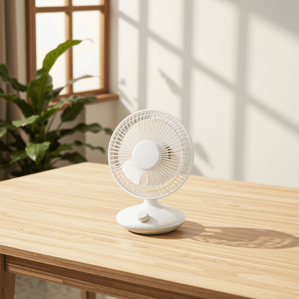 product photography of a small table fan for personal cooling