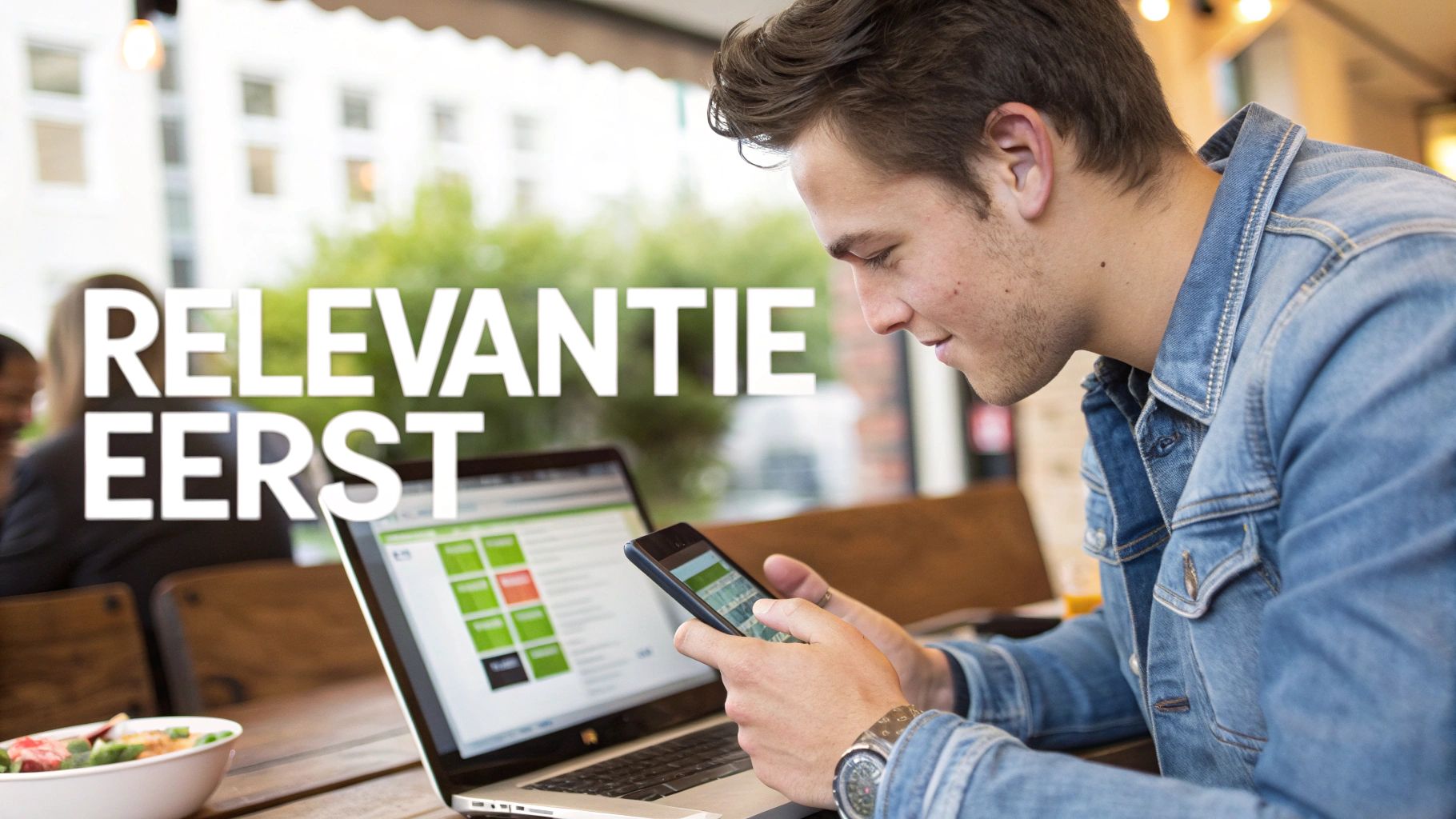 Jonge man werkt met laptop en smartphone aan tafel, met de tekst 'Relevance First' en een salade.