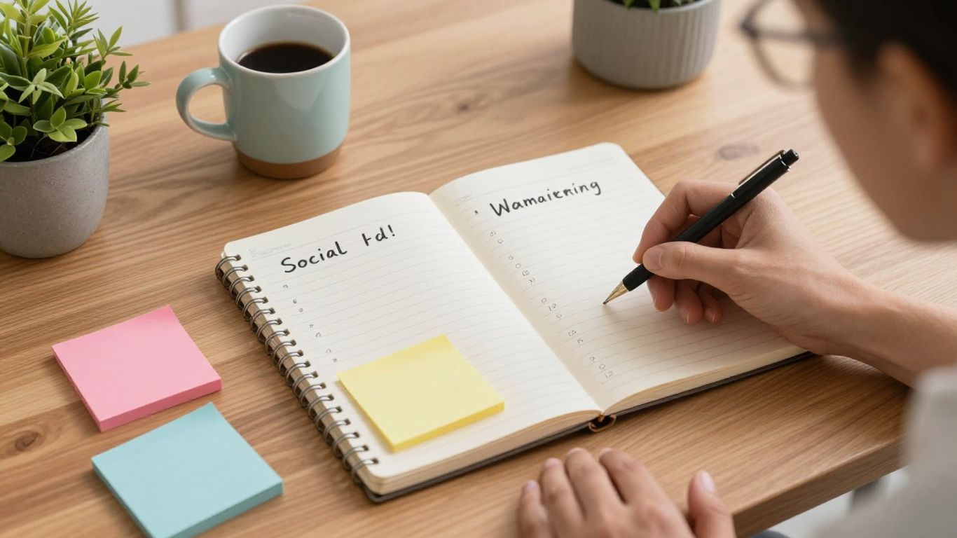 An arts marketing team planning social and email promotional schedules on a clean wooden desk