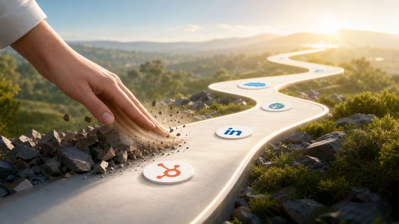 A hand sweeping gravel off a path that features business software icons leading toward a sunny horizon.