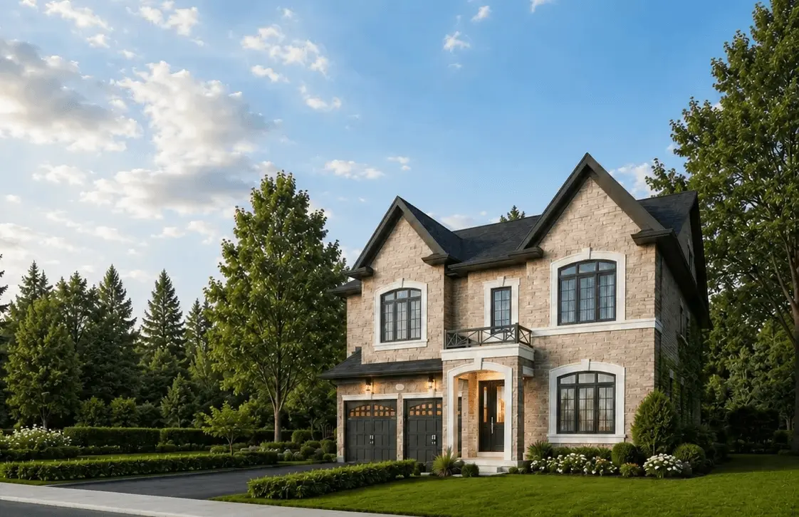New custom infill home in established Pickering neighbourhood — stone facade with warm interior lighting
