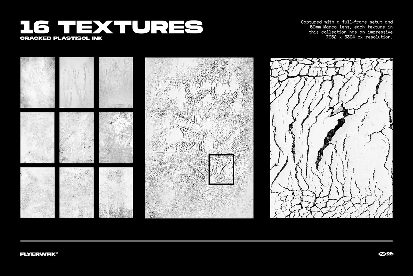 Collection preview of cracked plastisol ink textures with detailed screen printed crack patterns