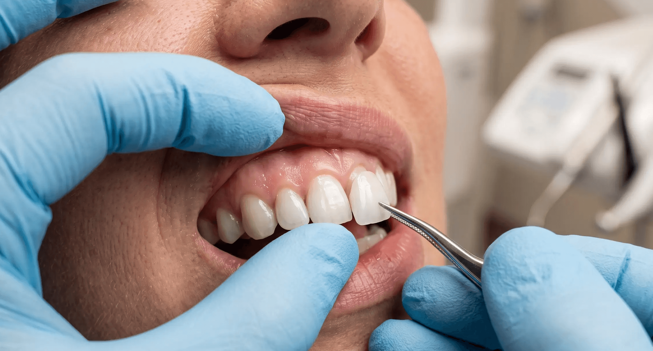 Dentist placing a porcelain veneer on a patient's front tooth using dental forceps, close-up view of veneer procedure in Panaji, Goa