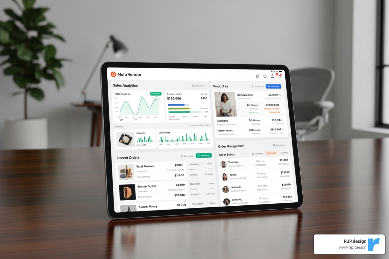 A modern multi-vendor dashboard interface on a tablet, displaying sales analytics, product listings, and order management options for a vendor - ecommerce multi vendor